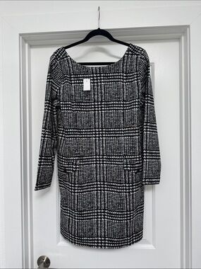 NWT LOFT Black & White Plaid Long-Sleeve Sheath Dress